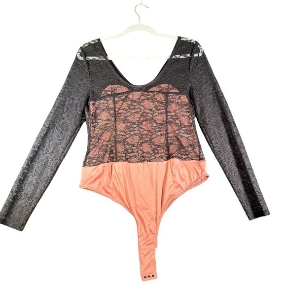 Bold Elements Women's Lace & Satin Bodysuit With Long Sleeves Black Peach  Size - Picture 5 of 5